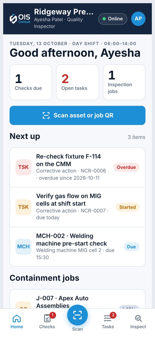 Business OIS field app on a phone with today's checks and tasks